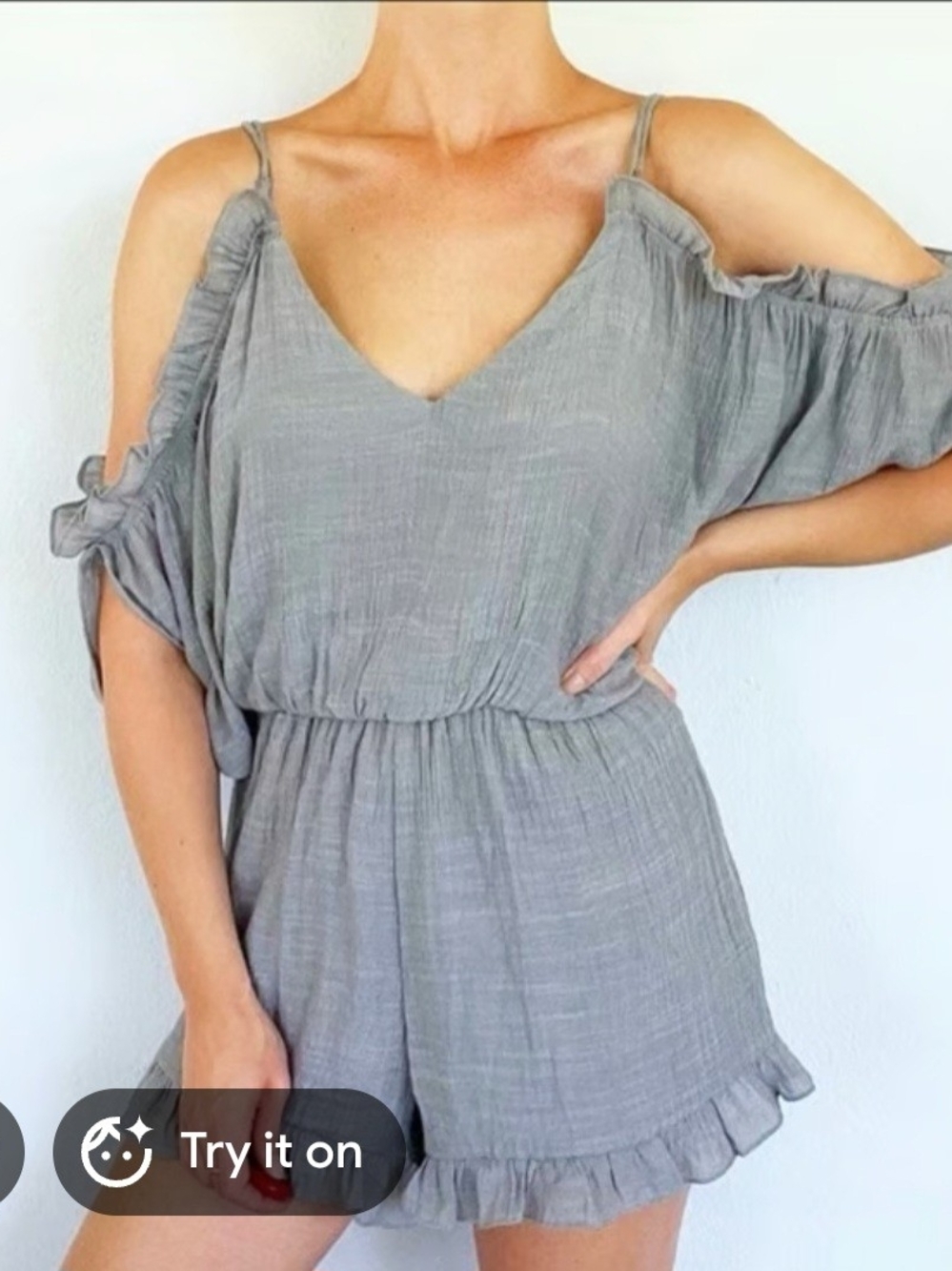 Wishlist Gray Off Shoulder Backless Romper with Ruffle Trim